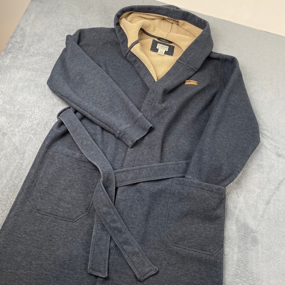 L.L.Bean Men's S/M Hooded Robe Gray Bonded Waffle Fleece Belted Bathrobe